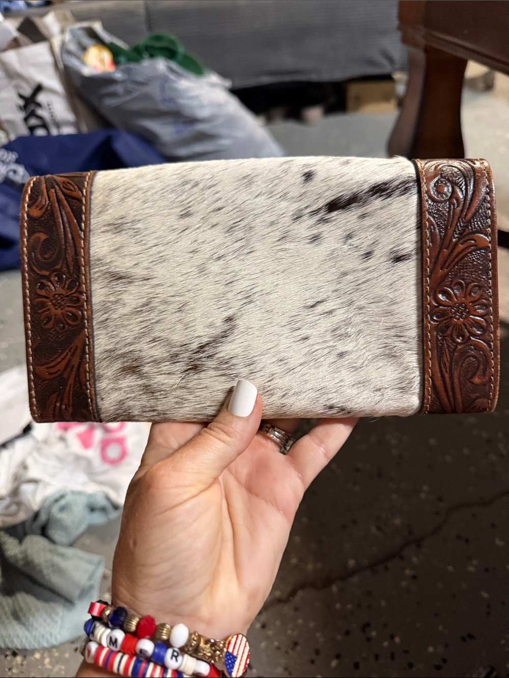 Cowhide & Tooled Leather Clutch Wallet - White with Brown Trim - Picture 4 of 4